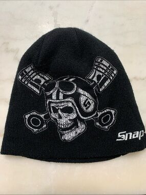 Snap-on Black Beanie with White Skull & Pistons